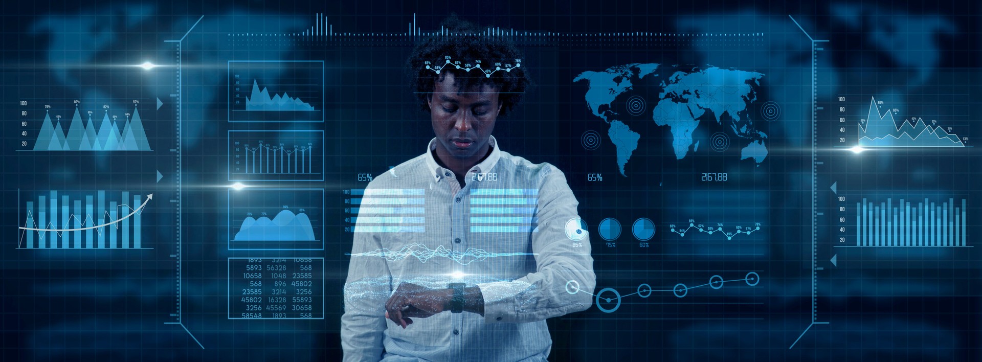 Smart watch concept.  AI (Artificial Intelligence) concept. Deep learning. GUI (Graphical User Interface). Authentication by facial recognition concept. Biometric. Security system. (Portrait, African, businessman)
