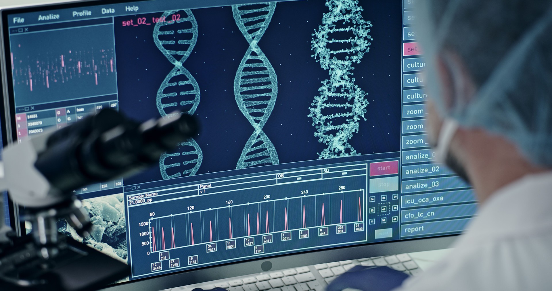 Futuristic laboratory equipment. Rear view of scientist during DNA research. DNA helix model