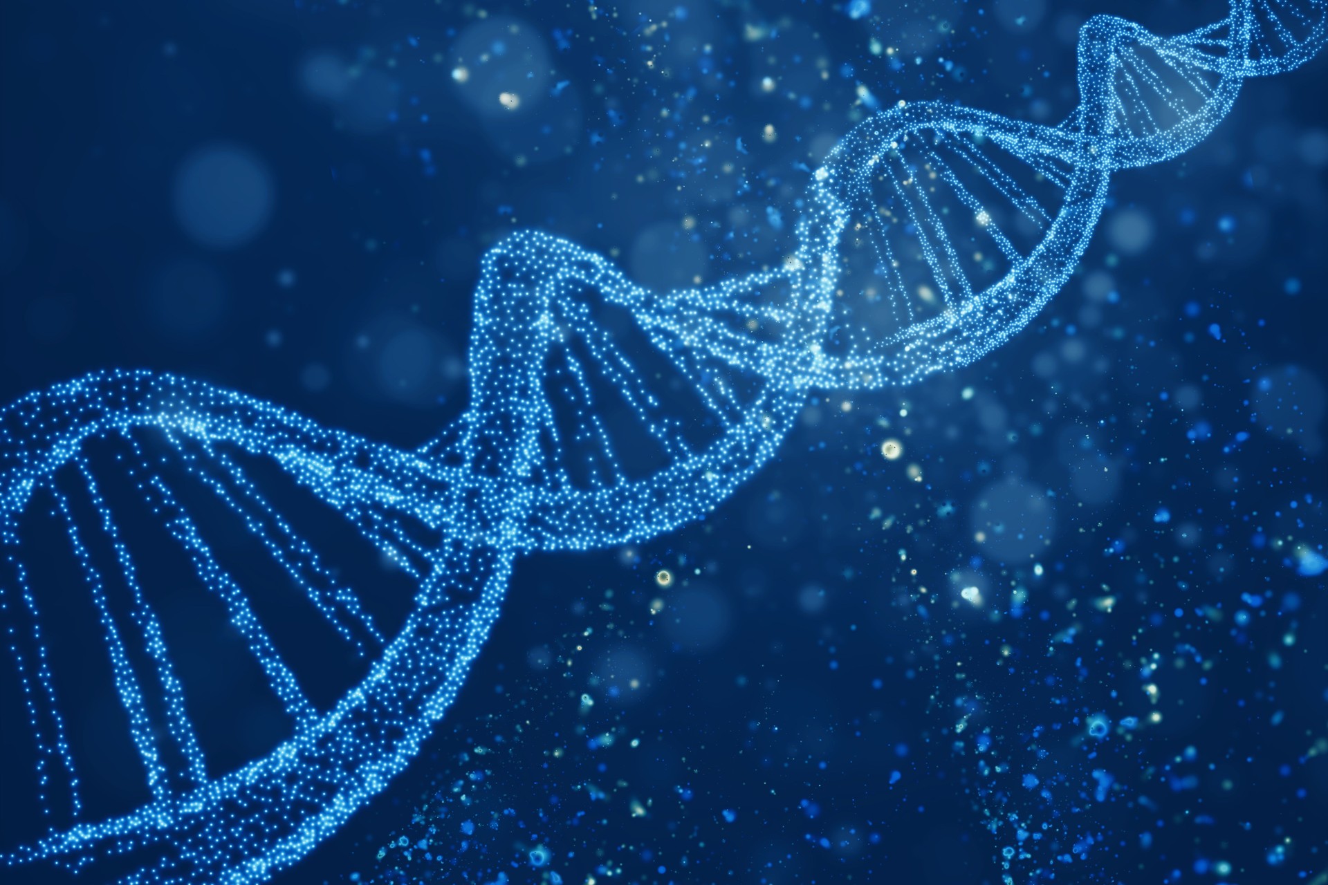 Digital DNA Strand Representation in Blue with Particle Effects